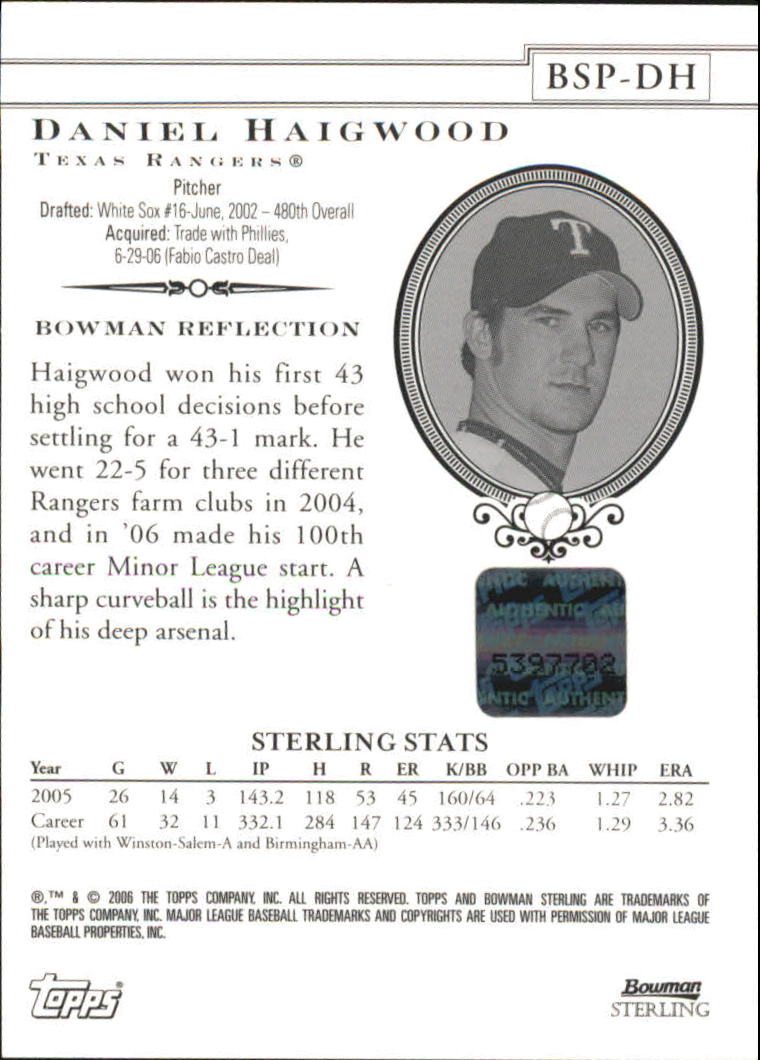 2006 Bowman Sterling Prospects #DH Daniel Haigwood AU B back image