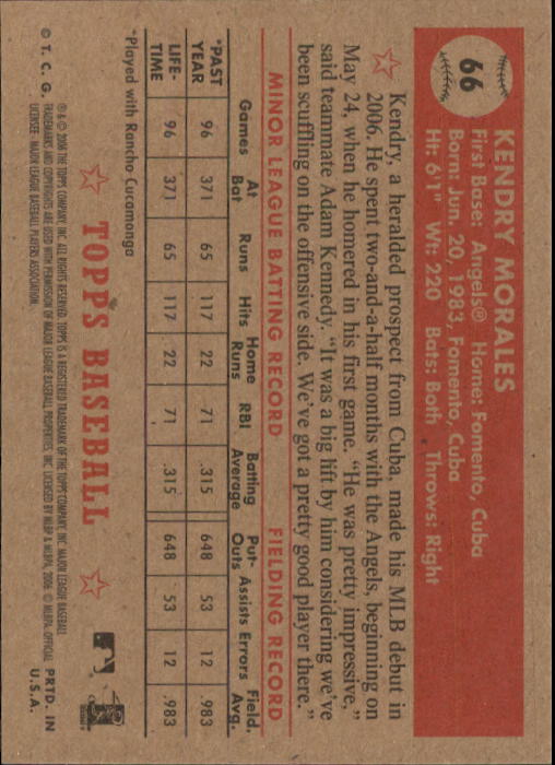 2006 Topps '52 #66 Kendry Morales (RC) back image