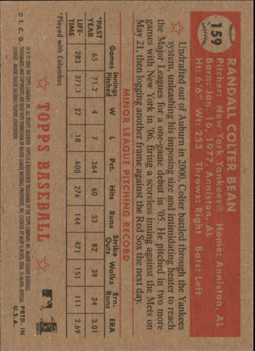 2006 Topps '52 #159 Colter Bean (RC) back image
