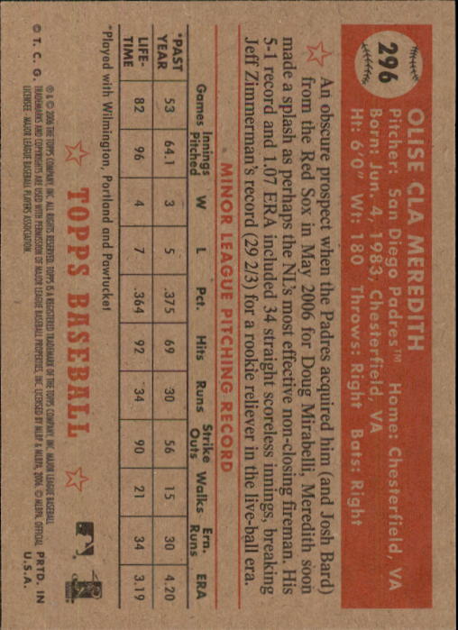 2006 Topps '52 #296 Cla Meredith SP (RC) back image