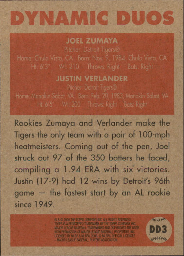 2006 Topps '52 Dynamic Duos #DD3 Joel Zumaya/Justin Verlander back image