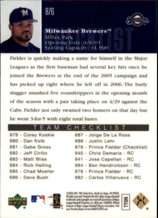 2006 Upper Deck Special F/X #876 Prince Fielder CL back image