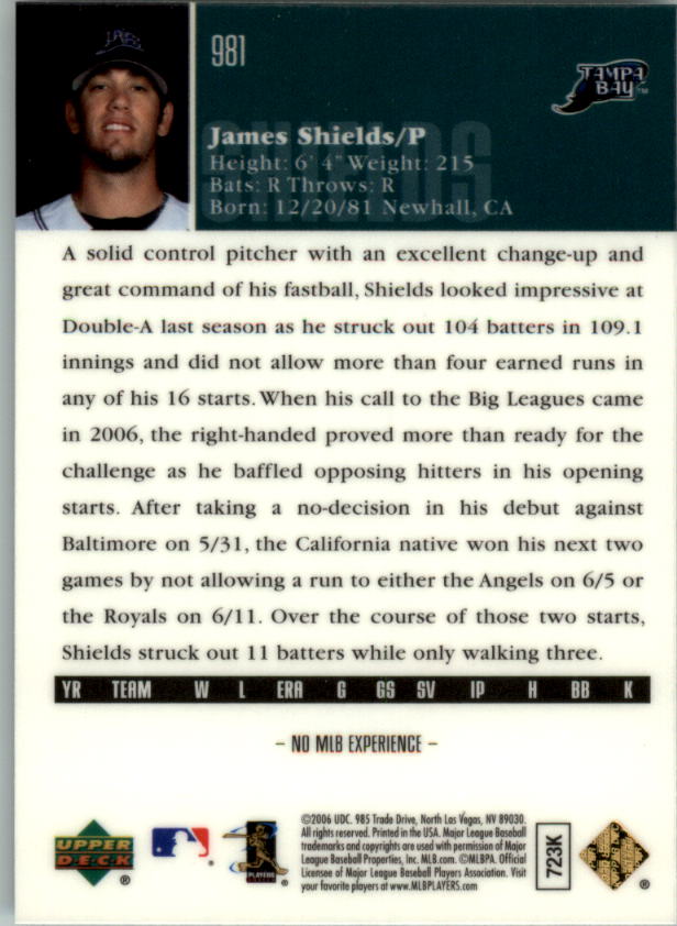 2006 Upper Deck Special F/X #981 James Shields RC back image
