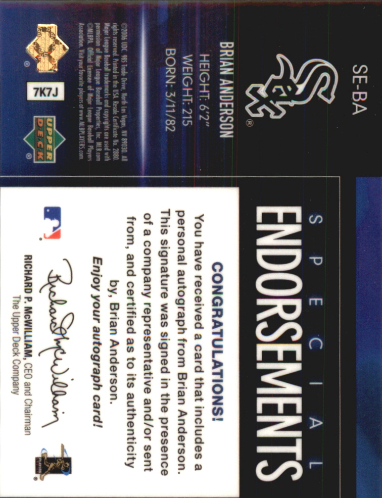 2006 Upper Deck Special F/X Special Endorsements #BA Brian Anderson back image