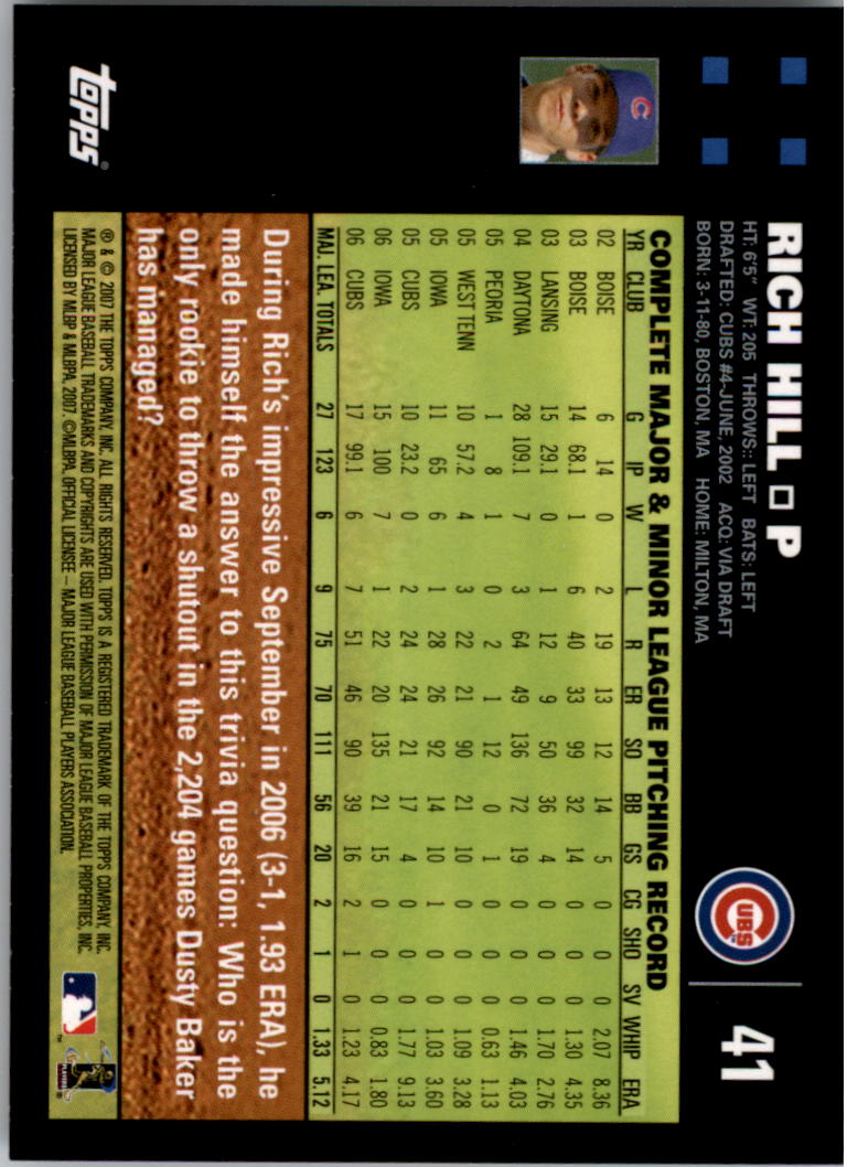 2007 Topps #41 Rich Hill back image