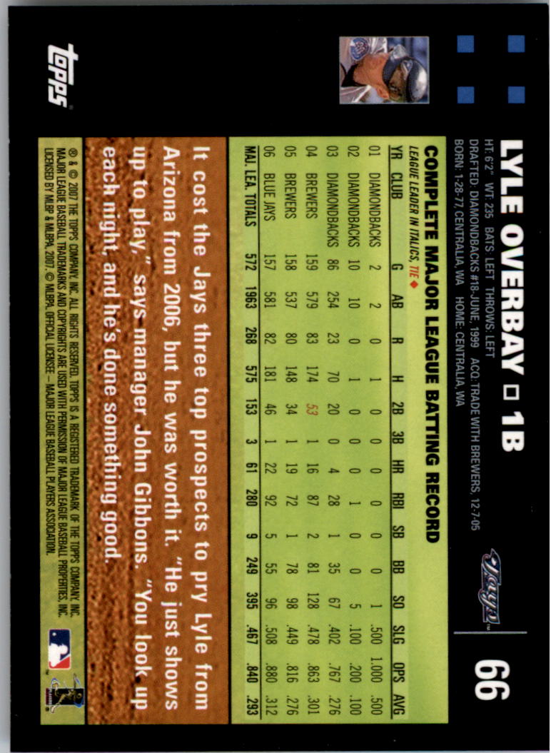 2007 Topps #66 Lyle Overbay back image