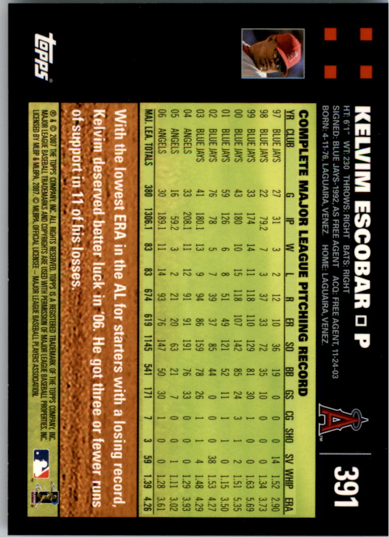 2007 Topps #391 Kelvim Escobar back image