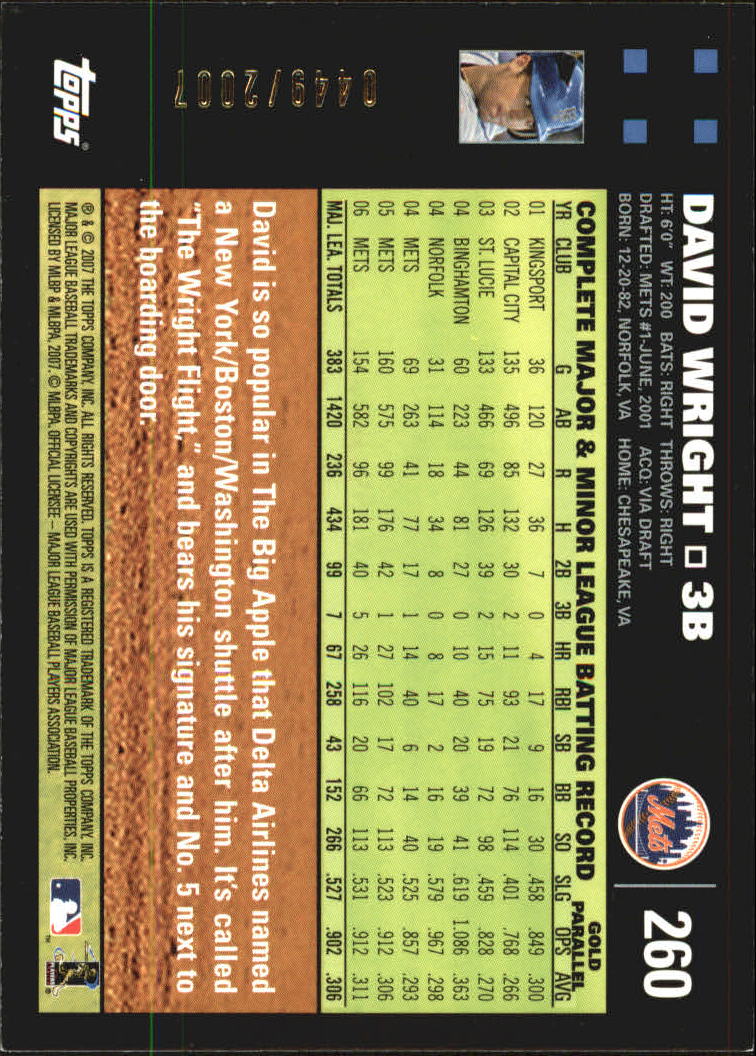 2007 Topps Gold #260 David Wright back image