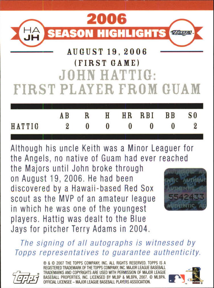 2007 Topps Highlights Autographs #JH John Hattig G back image