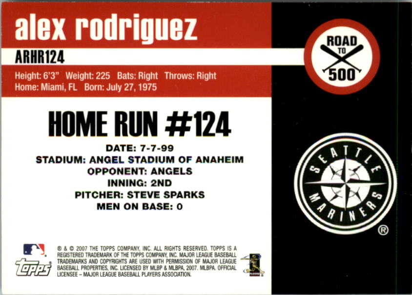 2007 Topps Alex Rodriguez Road to 500 #ARHR124 Alex Rodriguez back image