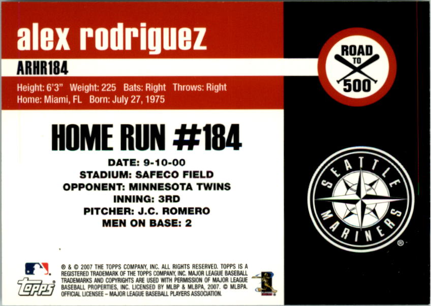 2007 Topps Alex Rodriguez Road to 500 #ARHR184 Alex Rodriguez back image