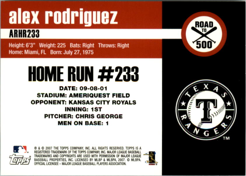 2007 Topps Alex Rodriguez Road to 500 #ARHR233 Alex Rodriguez back image