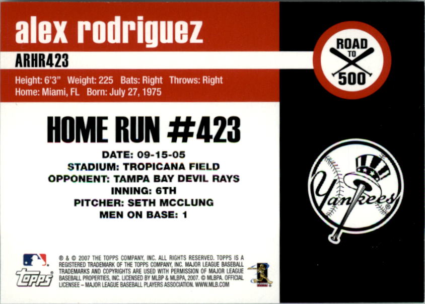2007 Topps Alex Rodriguez Road to 500 #ARHR423 Alex Rodriguez back image