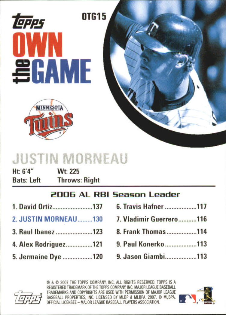 2007 Topps Own the Game #OTG15 Justin Morneau back image