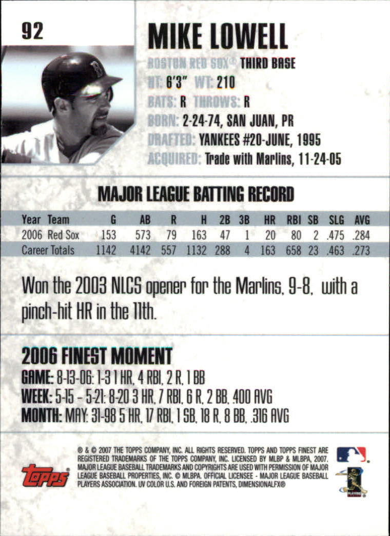 2007 Finest #92 Mike Lowell back image
