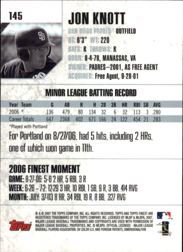 2007 Finest #145 Jon Knott (RC) back image