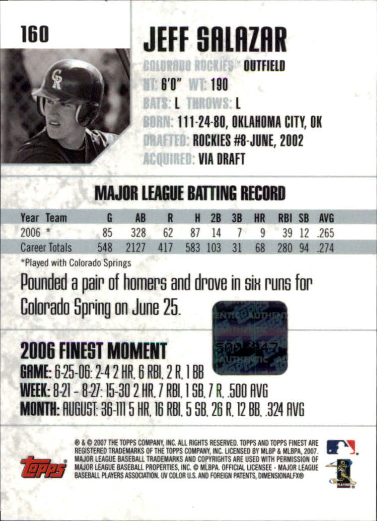 2007 Finest #160 Jeff Salazar AU (RC) back image