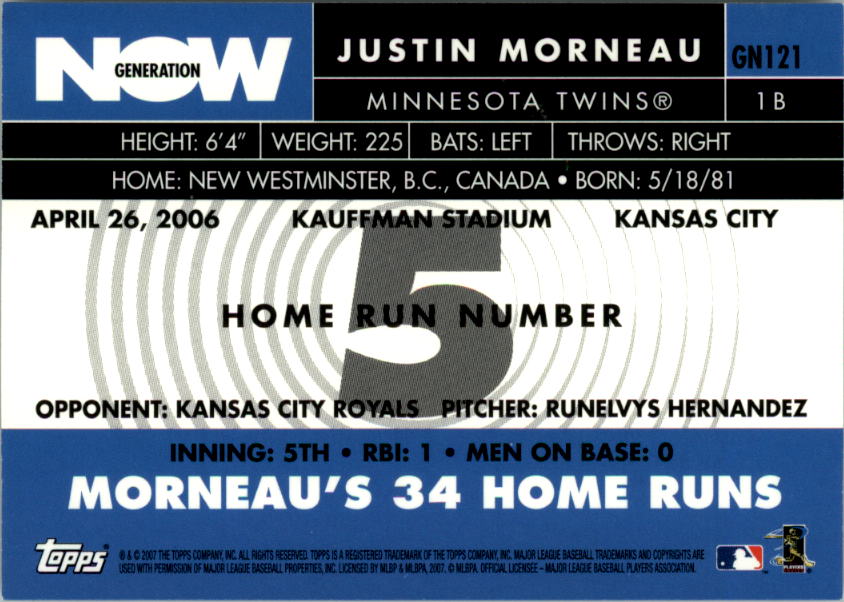 2007 Topps Generation Now #GN121 Justin Morneau back image