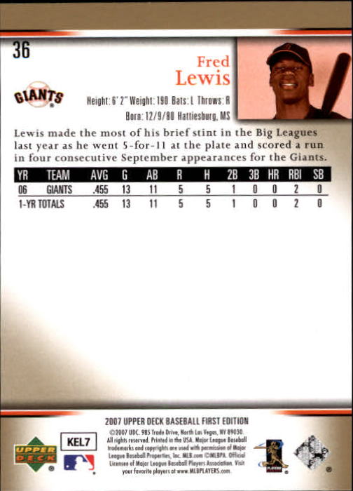 2007 Upper Deck First Edition #36 Fred Lewis (RC) back image
