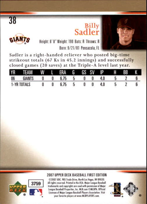2007 Upper Deck First Edition #38 Billy Sadler (RC) back image