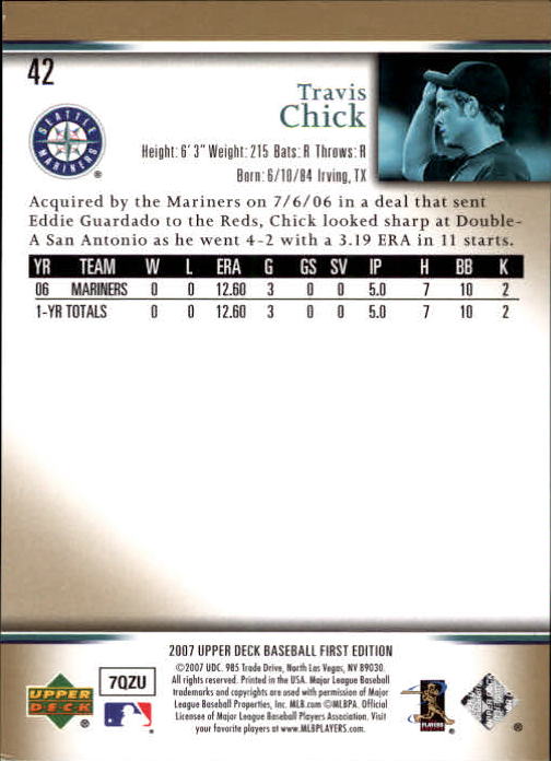 2007 Upper Deck First Edition #42 Travis Chick (RC) back image