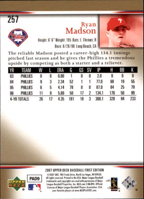 2007 Upper Deck First Edition #257 Ryan Madson back image
