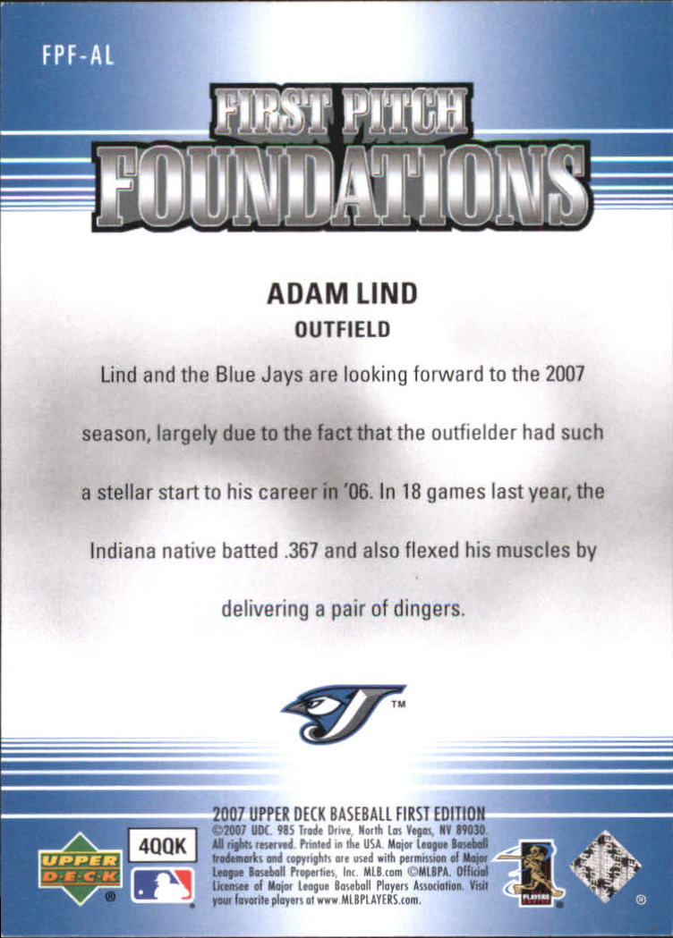 2007 Upper Deck First Edition First Pitch Foundations #AL Adam Lind back image