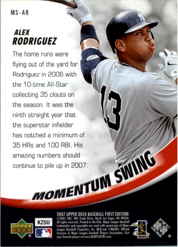2007 Upper Deck First Edition Momentum Swing #AR Alex Rodriguez back image