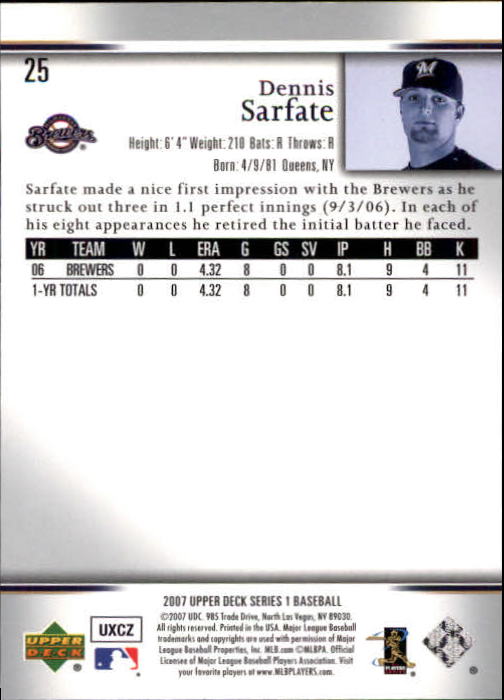 2007 Upper Deck #25 Dennis Sarfate (RC) back image