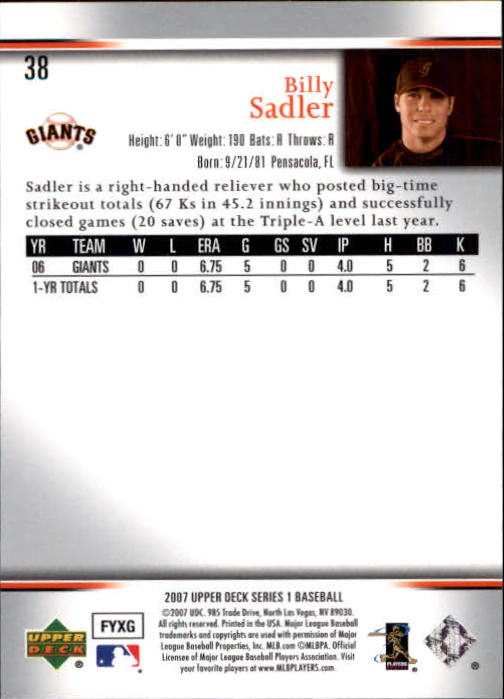 2007 Upper Deck #38 Billy Sadler (RC) back image