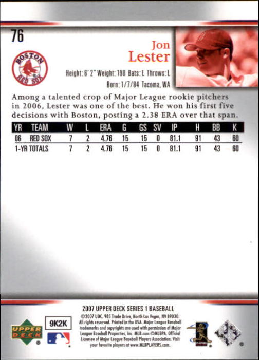 2007 Upper Deck #76 Jon Lester back image