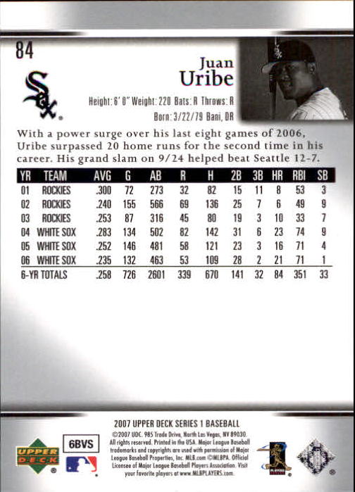 2007 Upper Deck #84 Juan Uribe back image