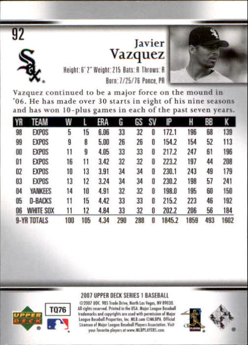 2007 Upper Deck #92 Javier Vazquez back image