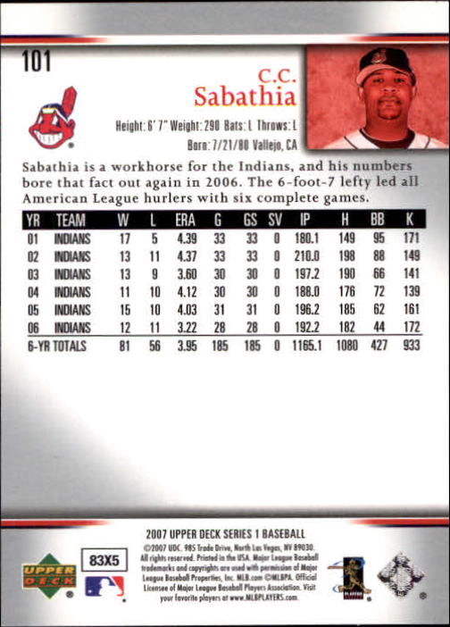 2007 Upper Deck #101 C.C. Sabathia back image