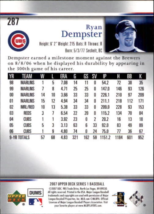 2007 Upper Deck #287 Ryan Dempster back image