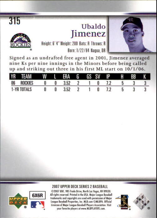 2007 Upper Deck #315 Ubaldo Jimenez (RC) back image