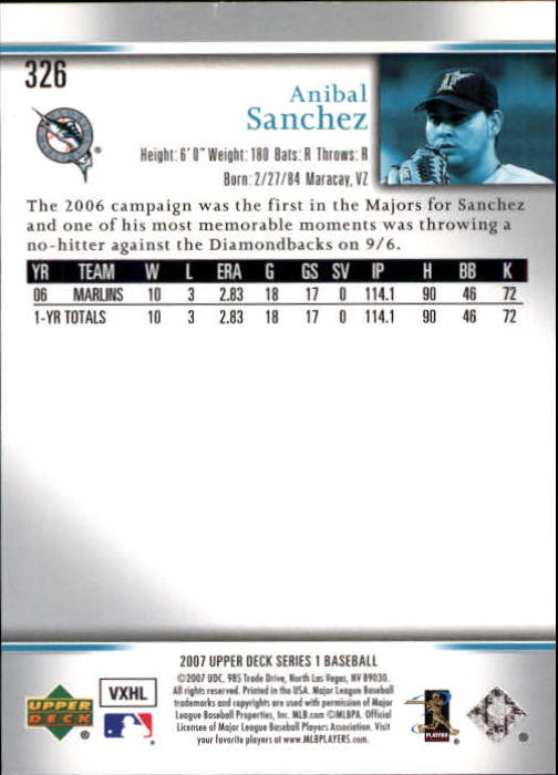 2007 Upper Deck #326 Anibal Sanchez back image