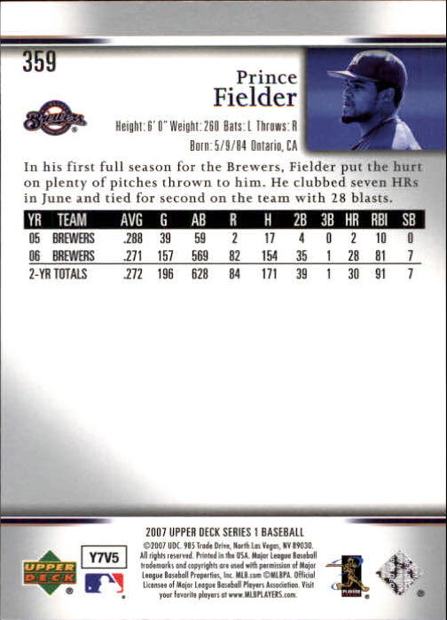 2007 Upper Deck #359 Prince Fielder back image