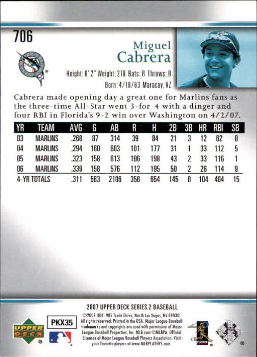 2007 Upper Deck #706 Miguel Cabrera back image