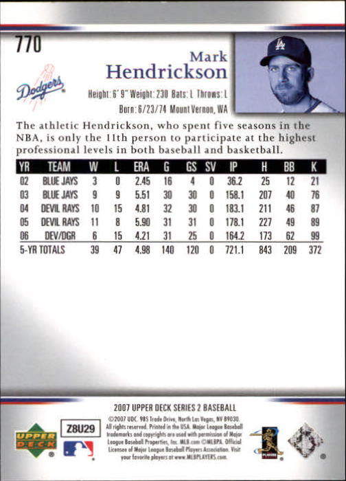 2007 Upper Deck #770 Mark Hendrickson back image
