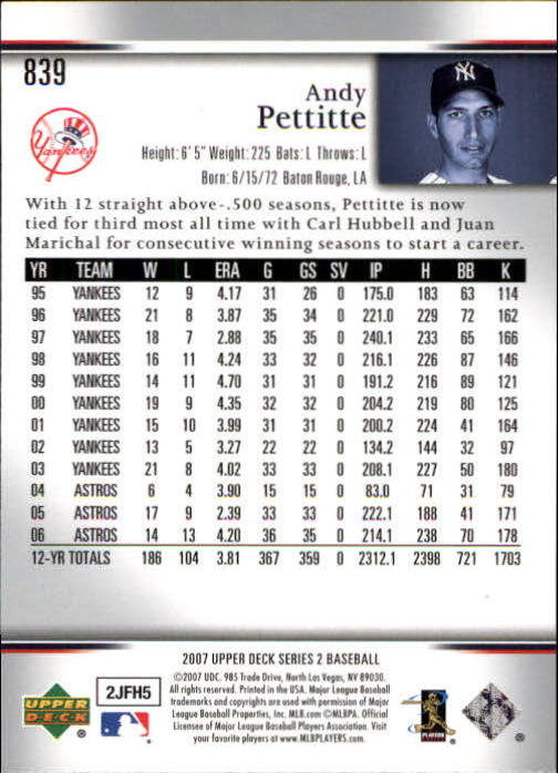 2007 Upper Deck #839 Andy Pettitte back image