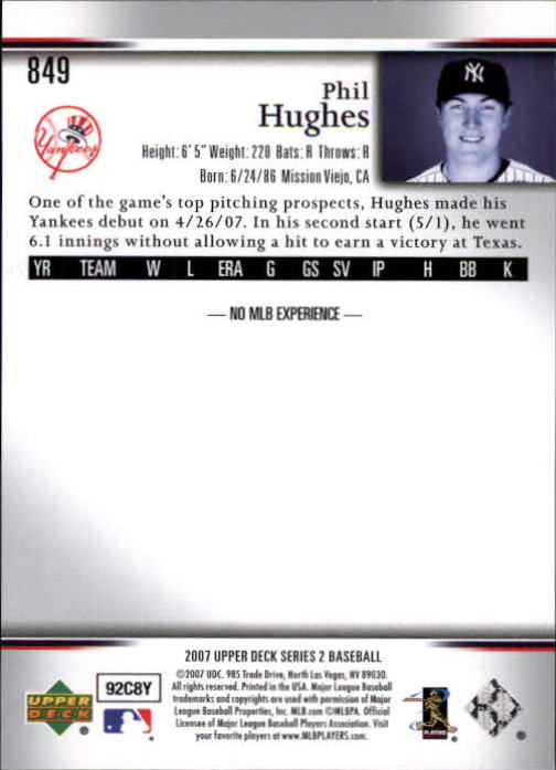 2007 Upper Deck #849 Phil Hughes (RC) back image