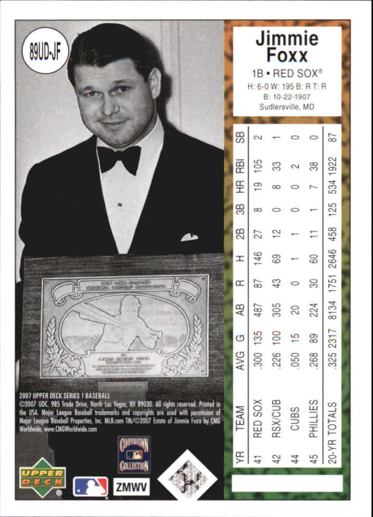 2007 Upper Deck 1989 Reprints #JF Jimmie Foxx back image