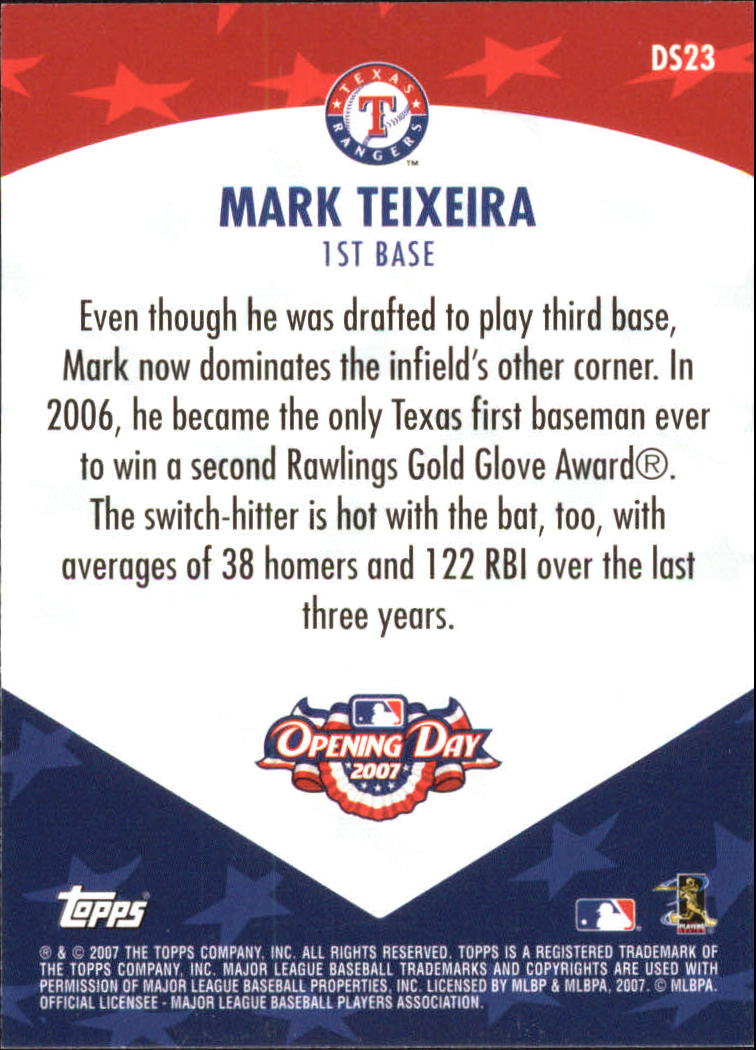 2007 Topps Opening Day Diamond Stars #DS23 Mark Teixeira back image
