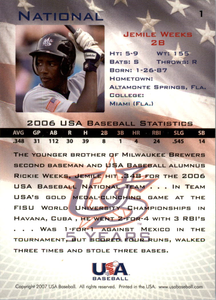 2006-07 USA Baseball #1 Jemile Weeks back image