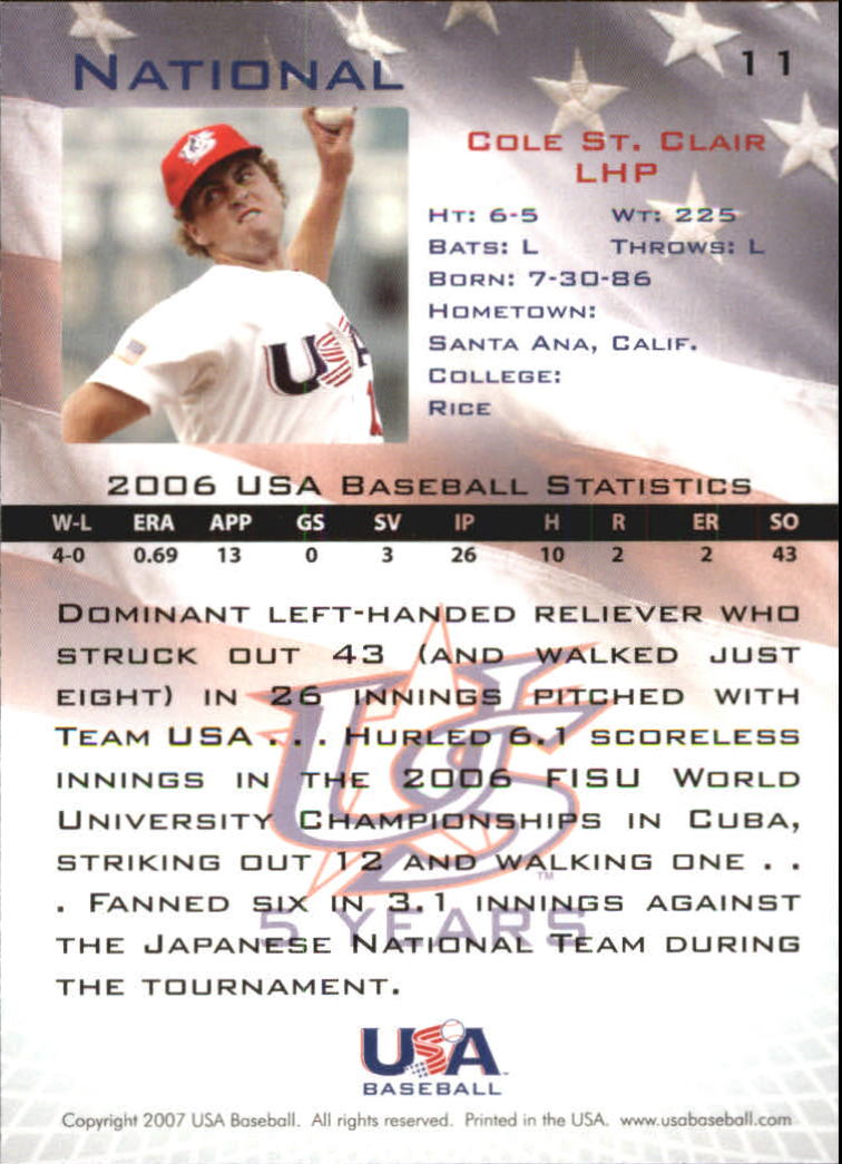 2006-07 USA Baseball #11 Cole St. Clair back image