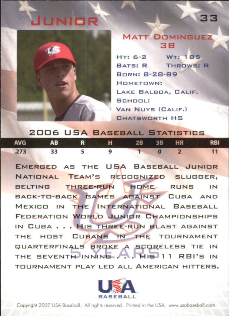 2006-07 USA Baseball #33 Matt Dominguez back image
