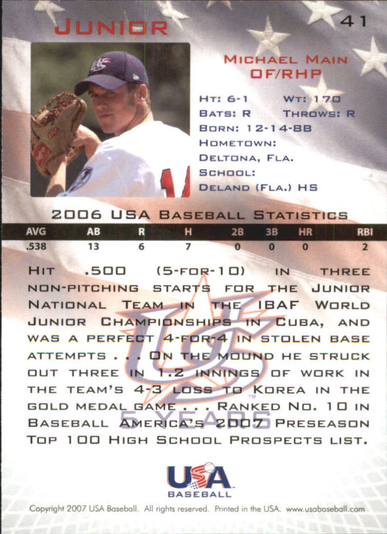 2006-07 USA Baseball #41 Michael Main back image
