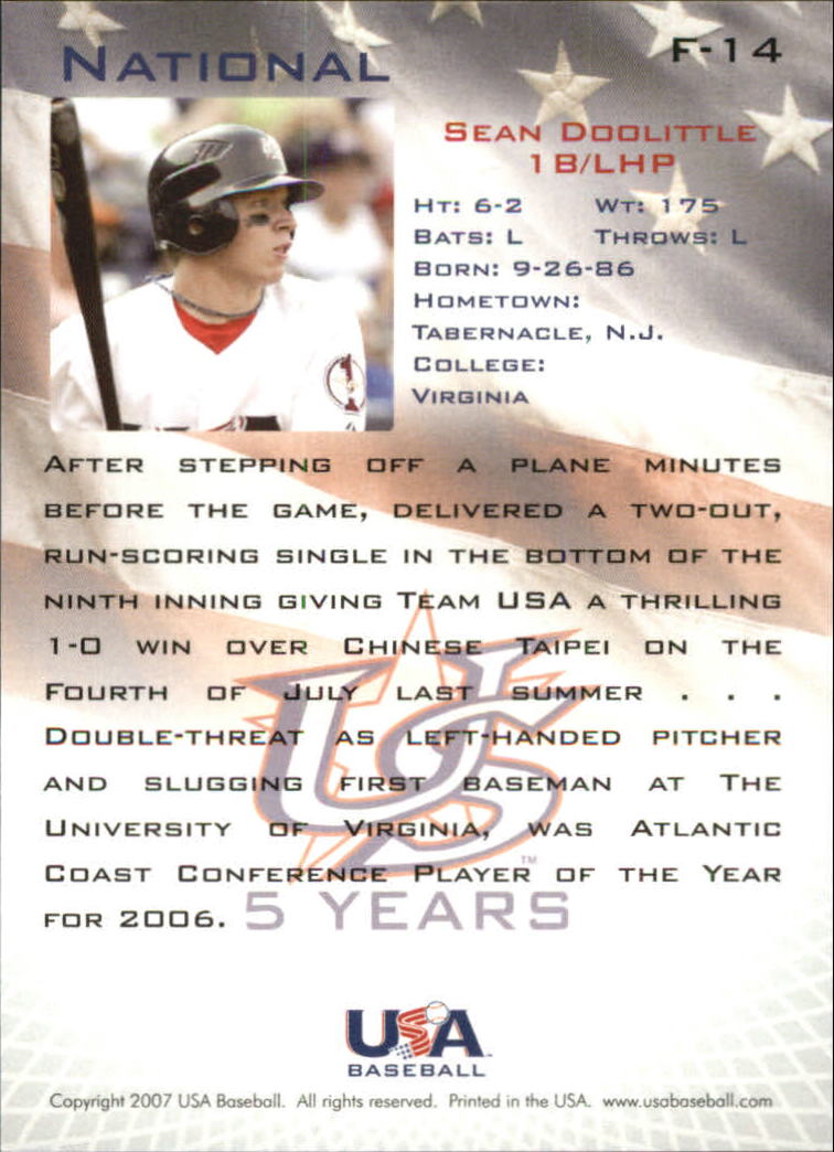 2006-07 USA Baseball Foil #14 Sean Doolittle back image