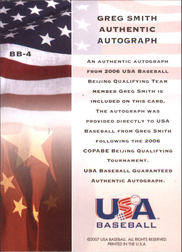 2006-07 USA Baseball Bound for Beijing Signatures #4 Greg Smith back image